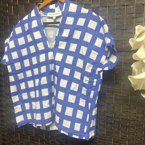 Brooke Wright Tuckernuck Blue Square Print Kimono Style Top One Size - Picture 5 of 7